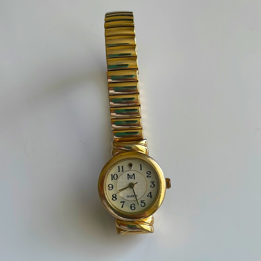 Vintage CM brand quartz elastic stretch band watch in gold tone metal and steel - Picture 1 of 5
